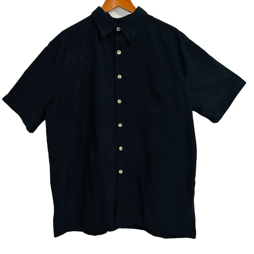 Black Tip Shirt Men XL Black Button Up Fish Tuna Embroidery Slits Pocket Casual